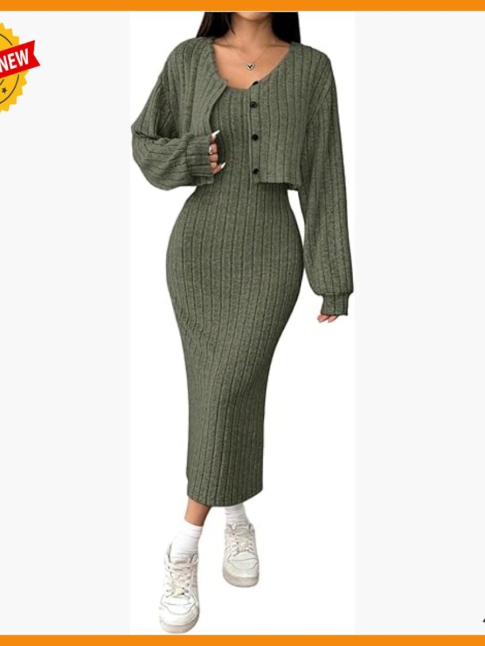 Ribbed Knit Crop Cardigan & Bodycon Tank Dress Set - 2 Piece Outfit